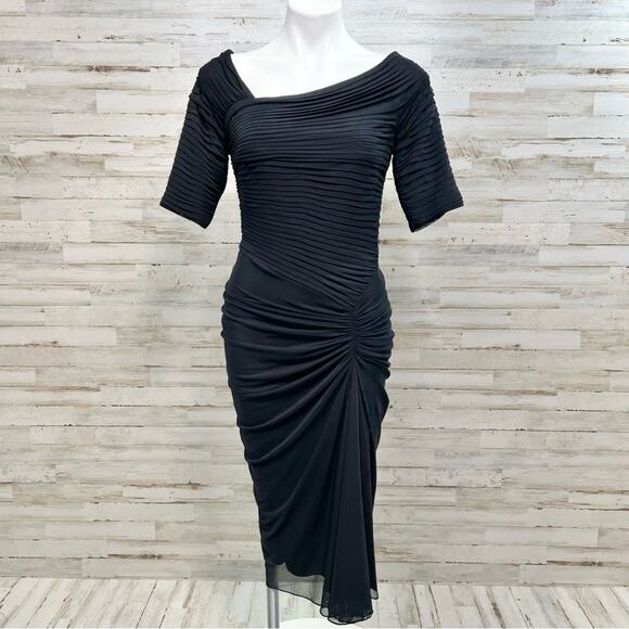 Tadashi Shoji Bandage Mesh Ruched Cocktail Dress Size S Black Asymmetrical Neck - Picture 2 of 16